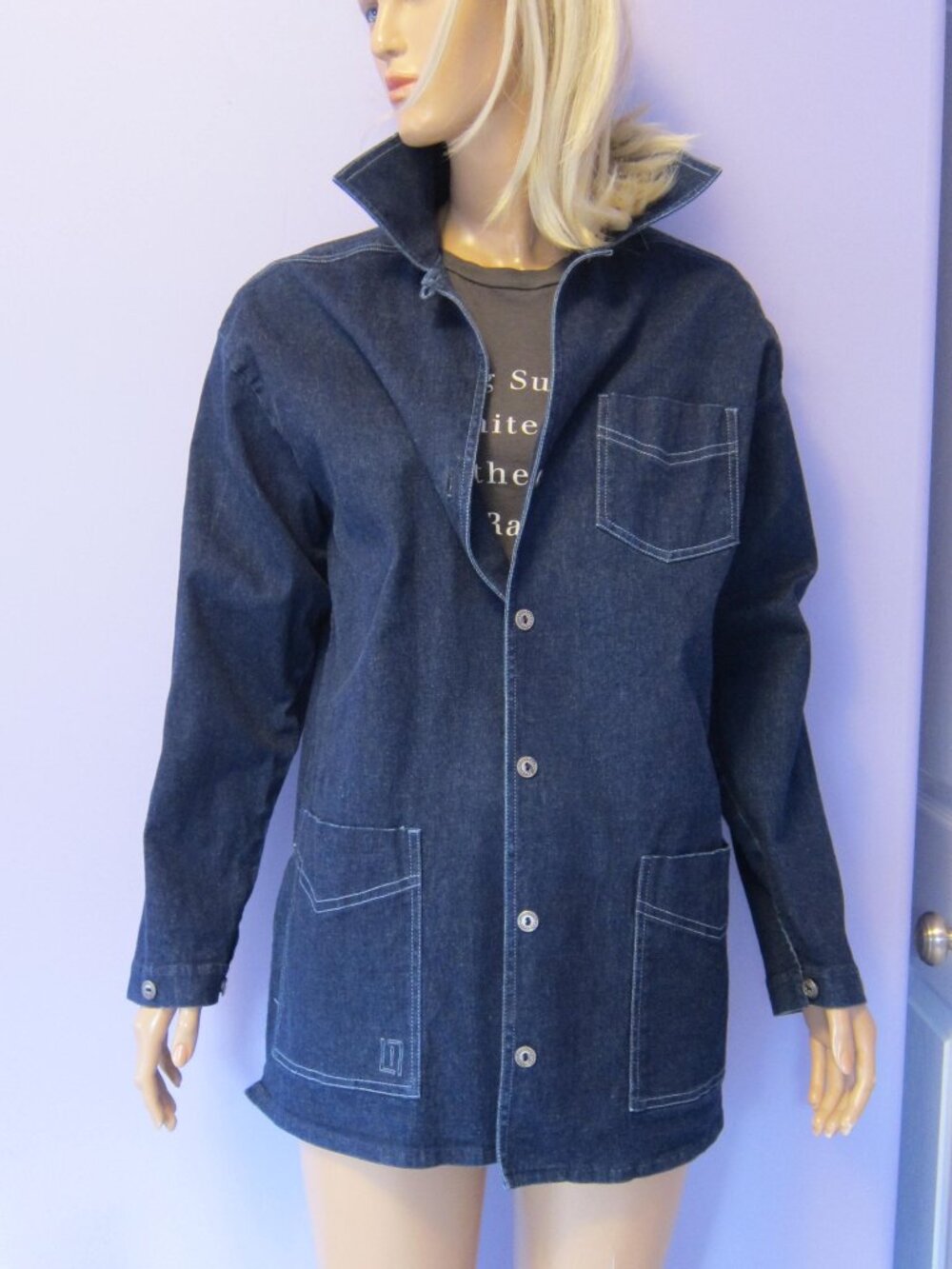 LINDA LUNDSTROM DARK DENIM Utility Long Chore Jacket  EUC